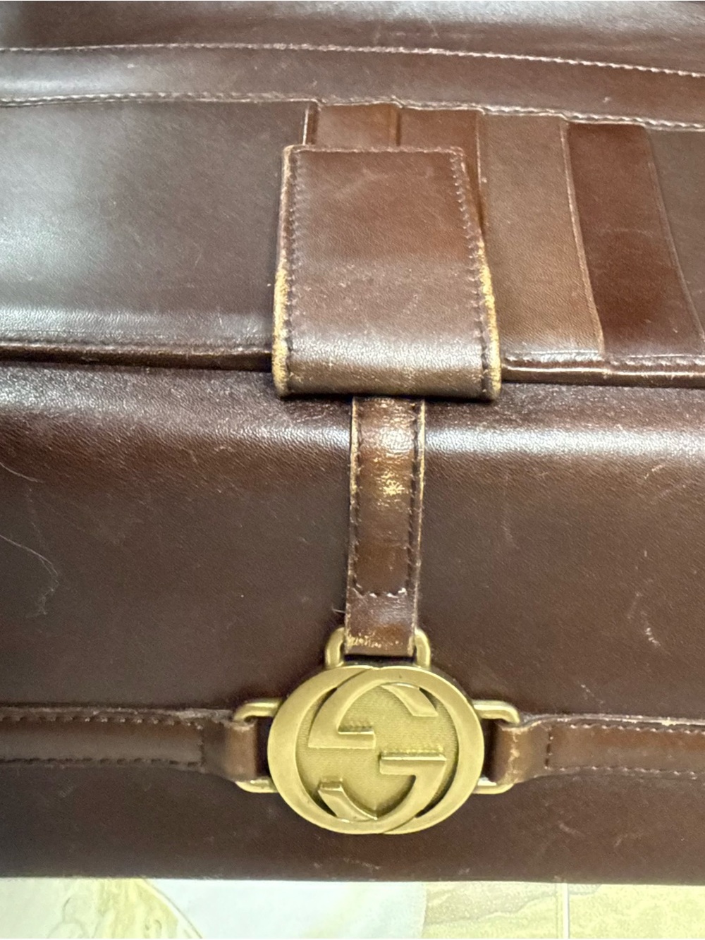 Vintage Gucci Dark Brown Leather Clutch with Gold GG Medallion - Picture 7 of 11